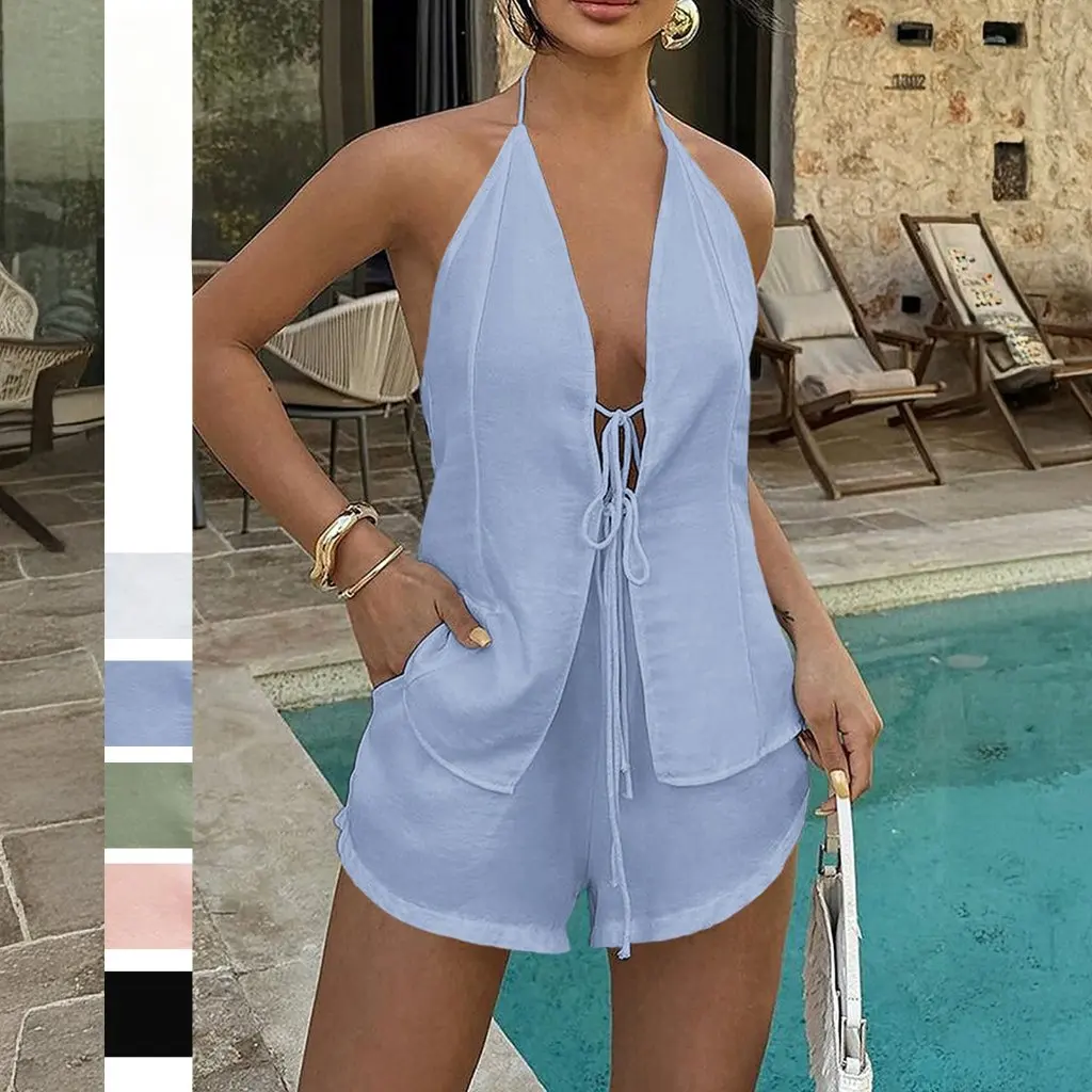 

Kaikuo женский весенне-летний повседневный костюм-двойка, топ на шнуровке с воротником-халтер и брюки с высокой талией, европейско-американский стиль