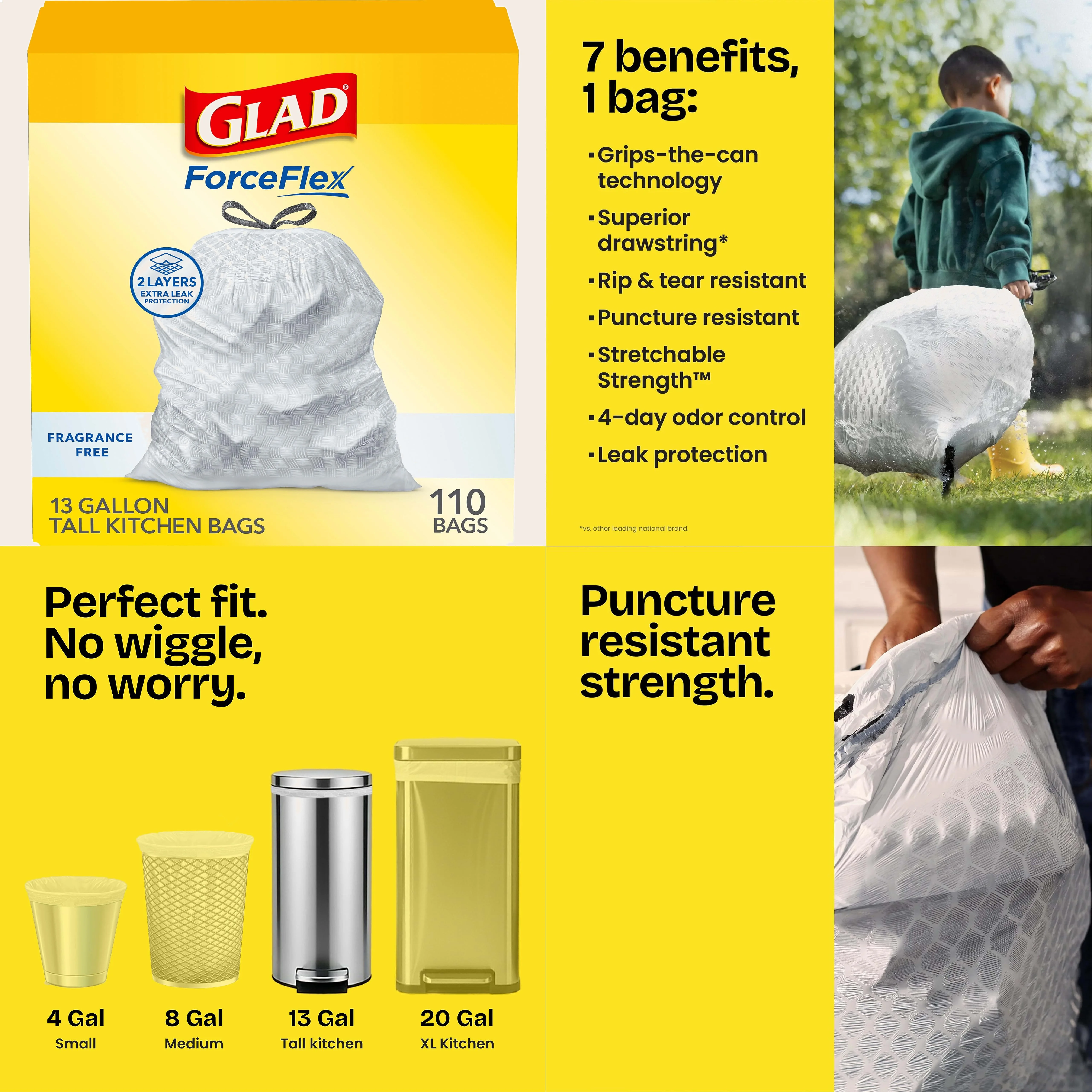 13 Gallon Drawstring Kitchen Bags 110 Pack, Tall Unscented Trash Liners Heavy Duty
