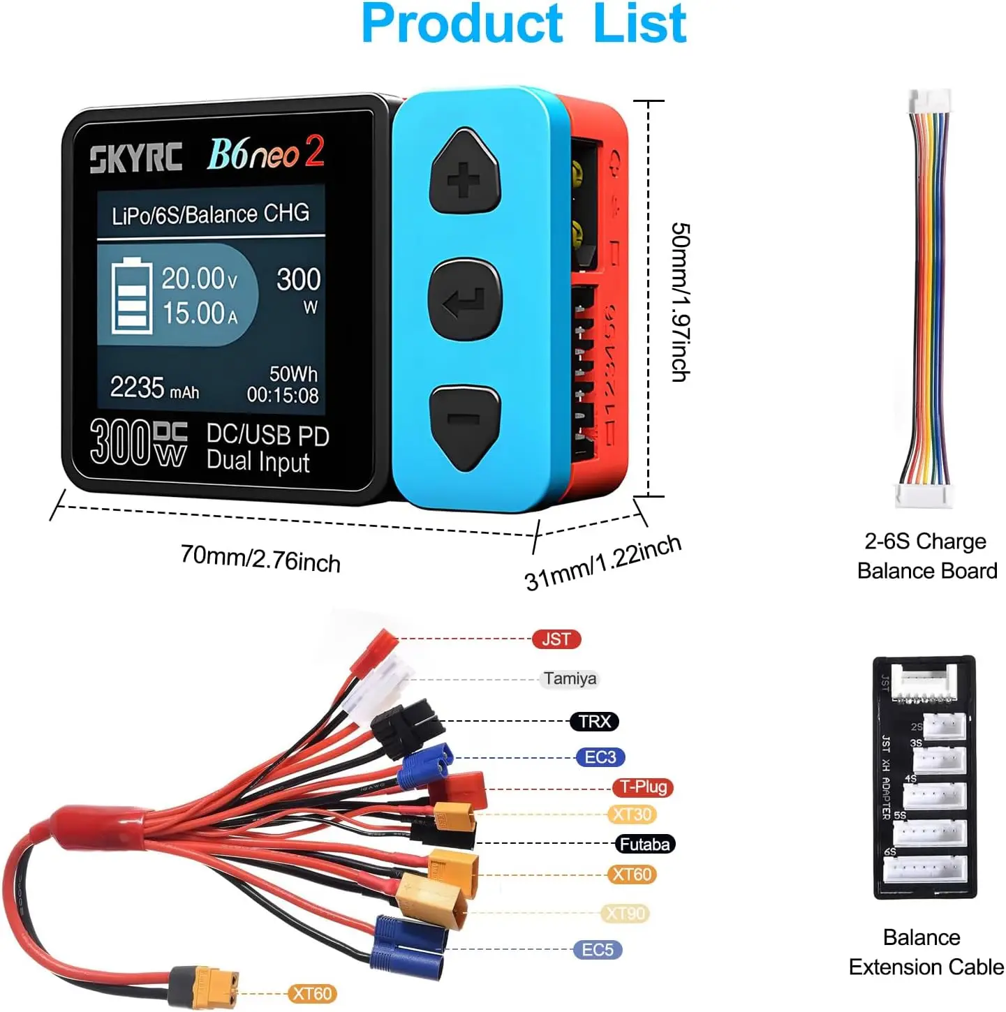 SKYRC B6 Neo2 Lipo Battery Charger, Smart Balance Charger Discharge, DC 300W, PD 80W for 1S-6S Lipo Li-Ion LiHV, 1-15S NiMH NiCd