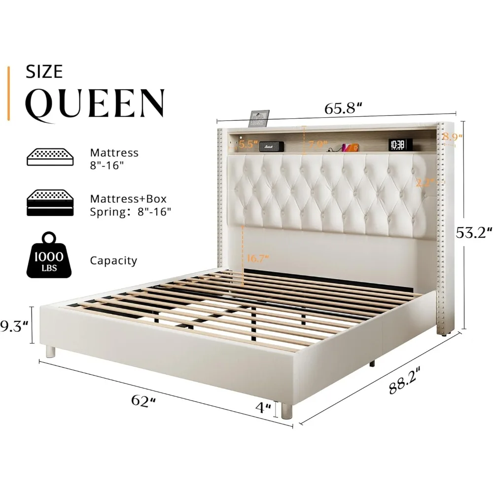 Cadre de lit Queen avec lumières LED, station de charge, lit à plateforme haute en velours, sans sommier