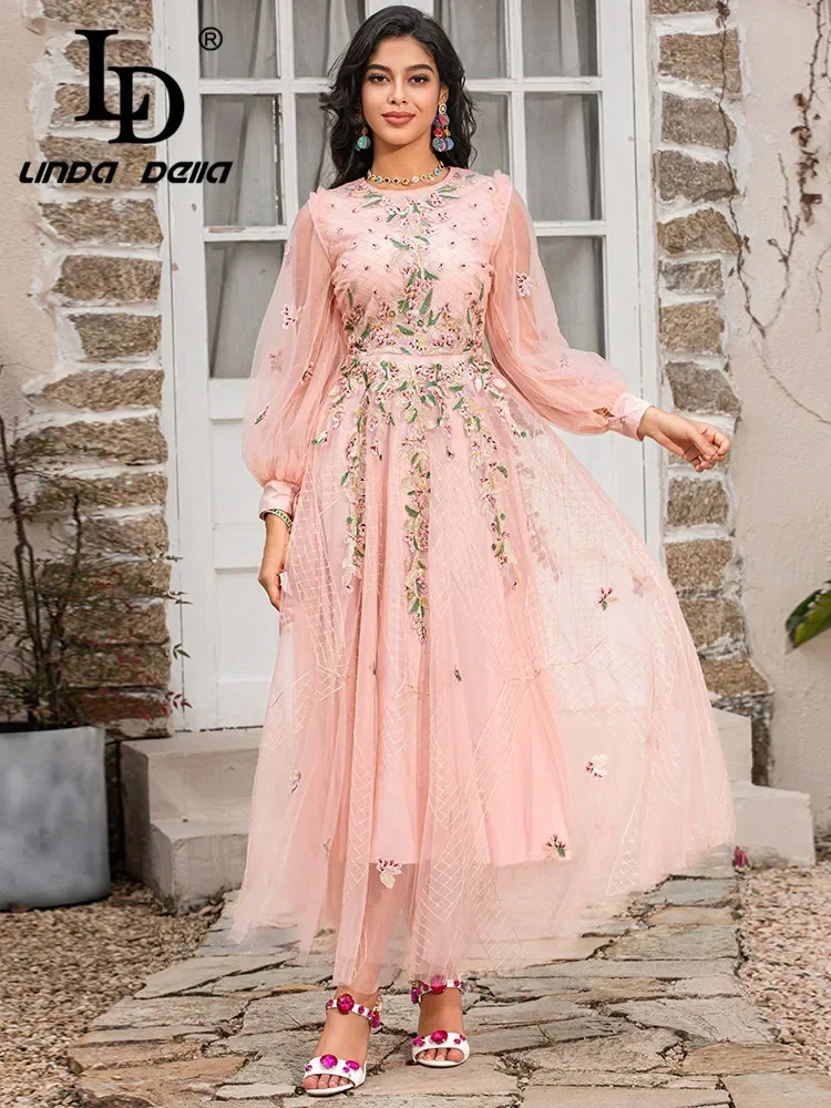 LD LINDA DELLA Designer Summer Pink Mesh Dress Women's Lantern Sleeve Flowers Embroidery Fashion Holiday Party Long Dress