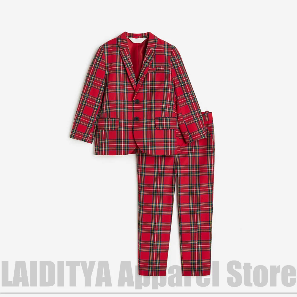 Children Plaid Suit 2 Piece Long Sleeve Blazer Straight Pants Kids Christmas Wedding Party Birthday Formal Boys Girls Costume
