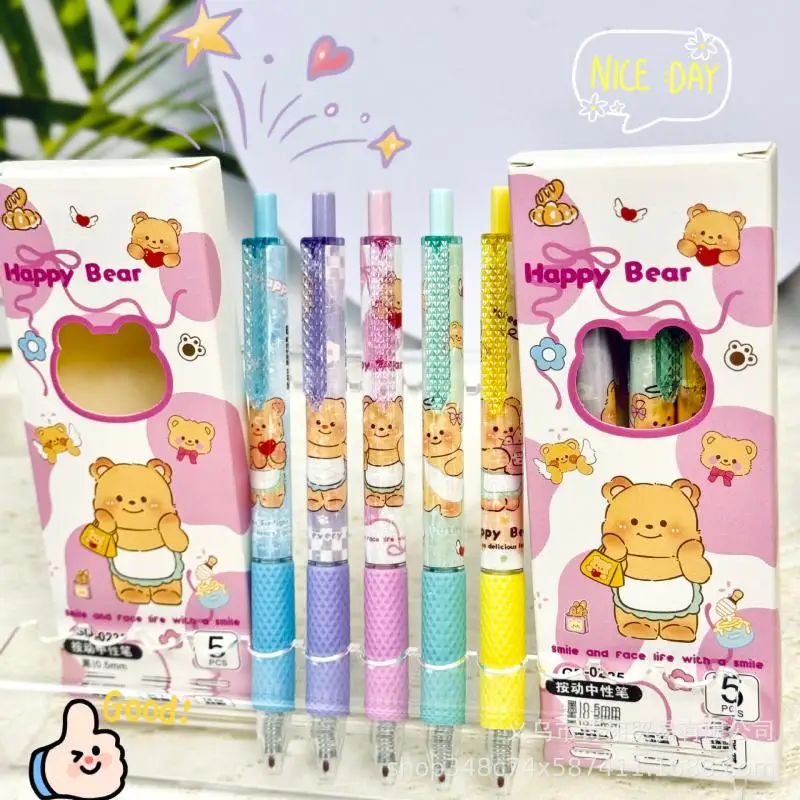 5Pcs Kawaii Butter Bear Neutral Pen Pressing Pen St Nib 0.5Mm Black Quick Drying Smooth Writing Ins Stationery Gifts For Girls