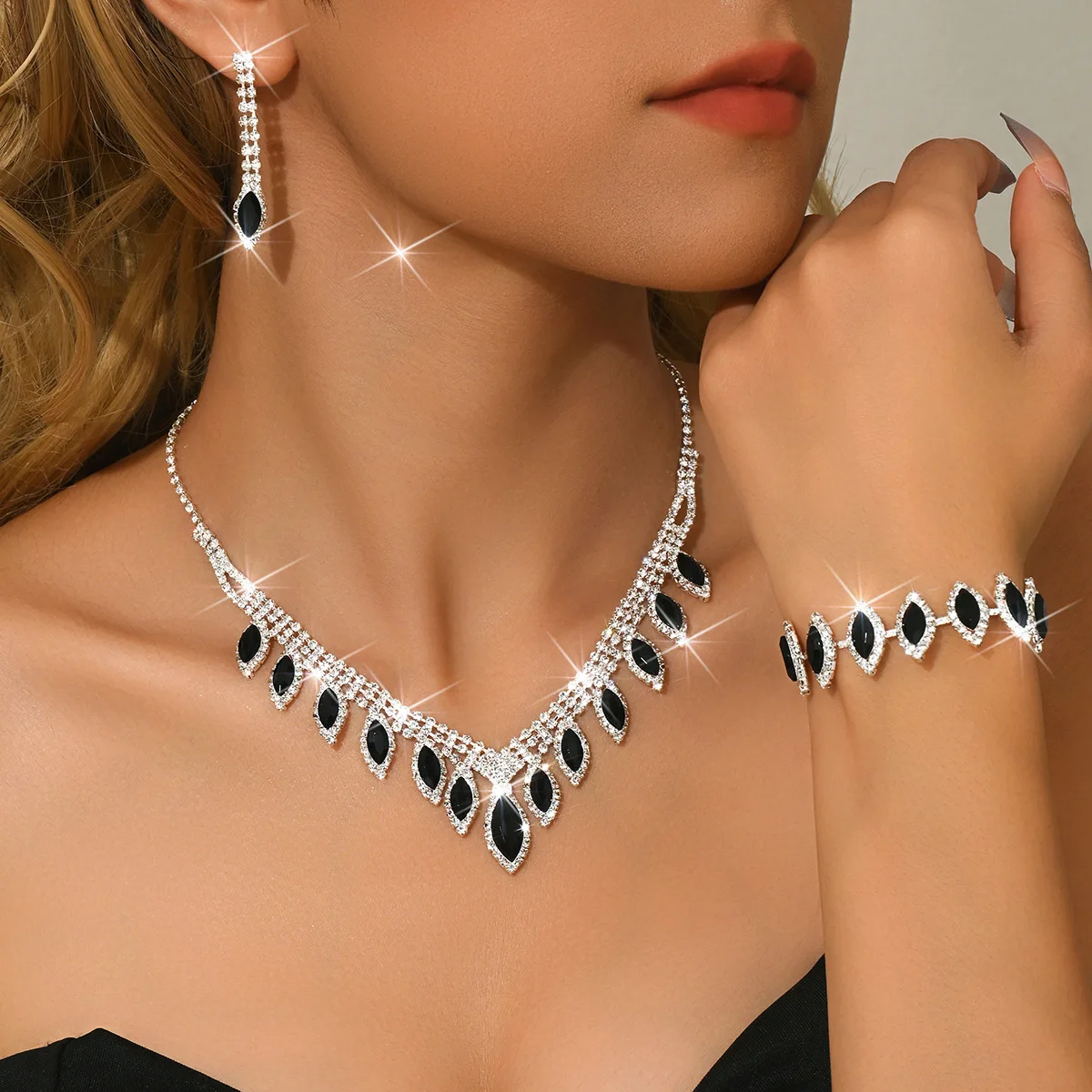 Best Seller Luxury Black Crystal Jewelry Set Women Necklace Earrings Bracelet Ring Party Wedding Bridal Accessories Necklace