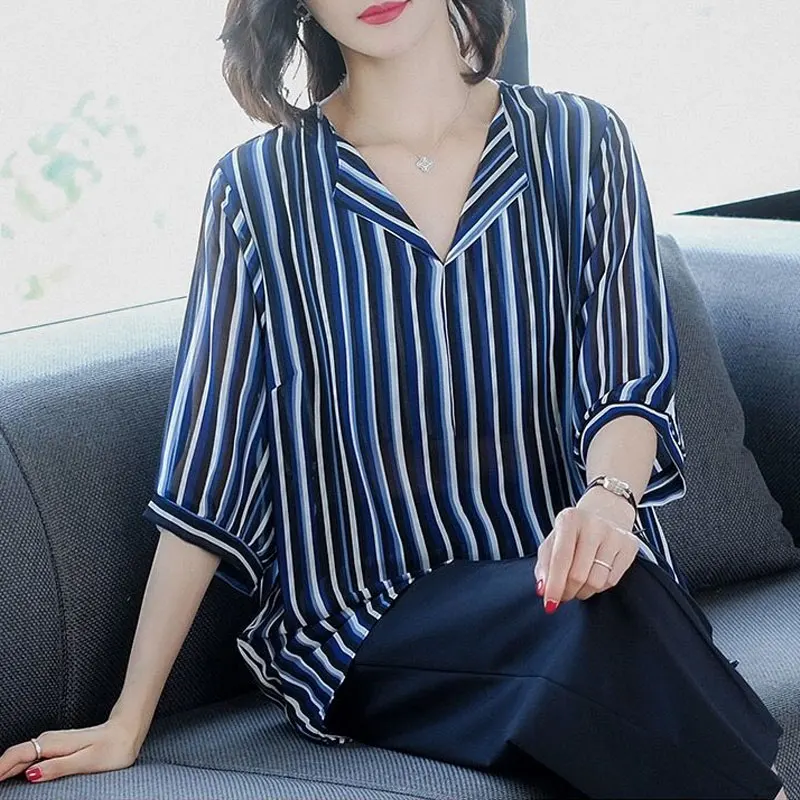 Office Lady Striped Loose Chiffon Blouse Half Sleeve Female Clothing Fashion Patchwork 2023 Summer New Casual V-Neck Midi Shirt