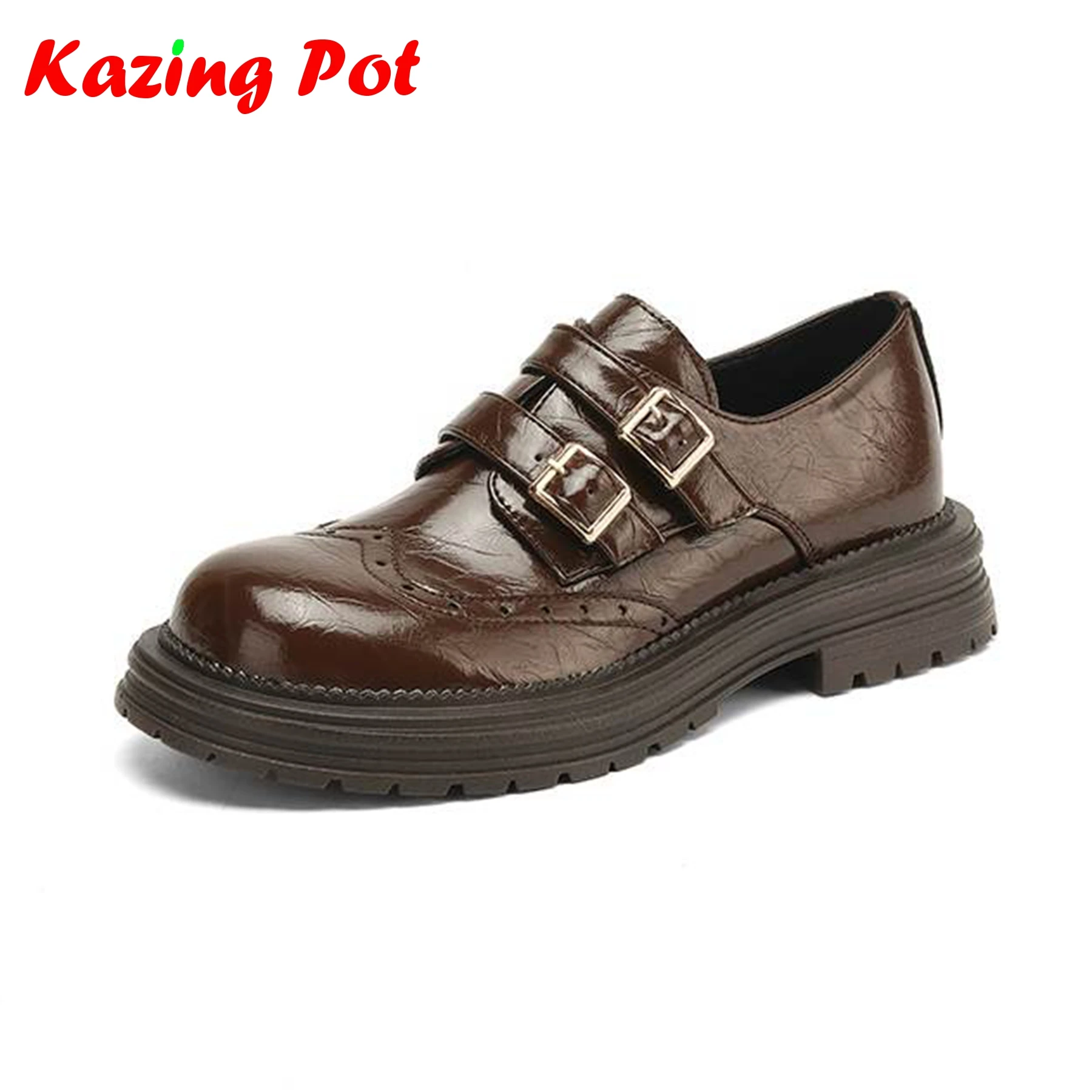 

Krazing Pot Microfiber Round Toe Autumn Oxford Shoes Med Heels Carving Decoration Buckle Plus Size 43 42 Cozy Ins Women Pumps