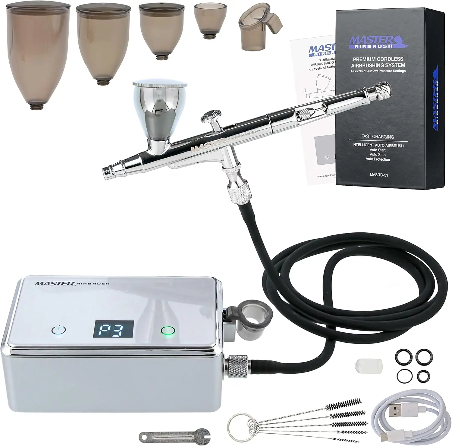 Kit de Aerógrafo Inalámbrico con Compresor Recargable, 20-36 PSI para Pintura Acrílica, Maquillaje, Manualidades - Set Profesional Portátil