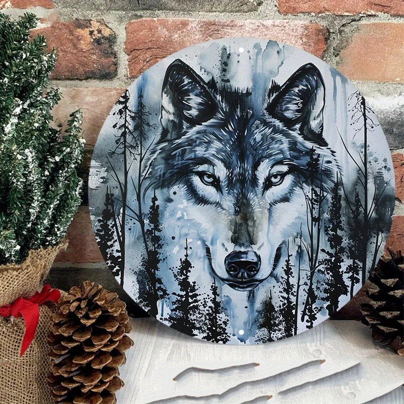 Aluminum Metal Sign with Acrylic Wolf Painting, Weather Resistant Door Hanger, Wall Decor for Indoor and Outdoor Use, 8x8 in