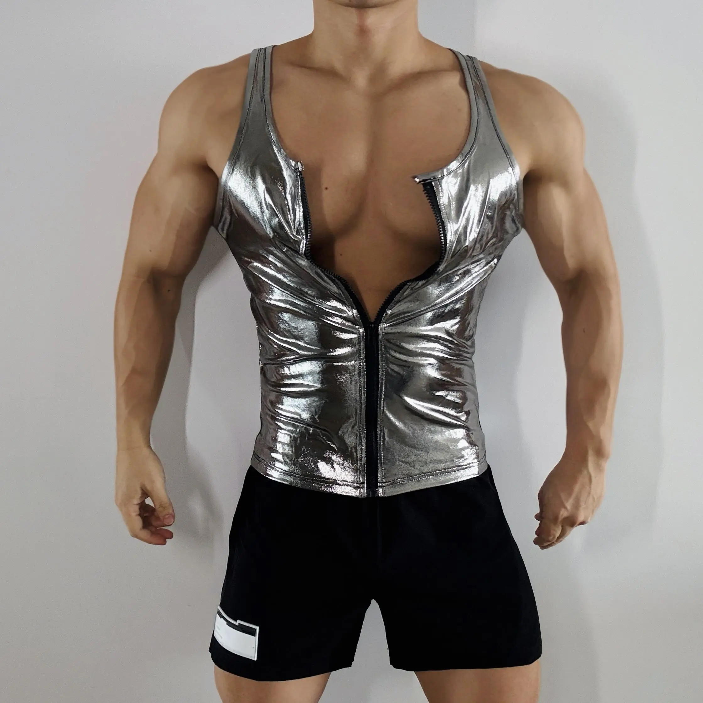 

Tech Style Silver Pole Dance Top Muscular Man Gogo Dancer Costume Men Jazz Dance Vest Bar Nightclub DS DJ Rave Outfit XS9658