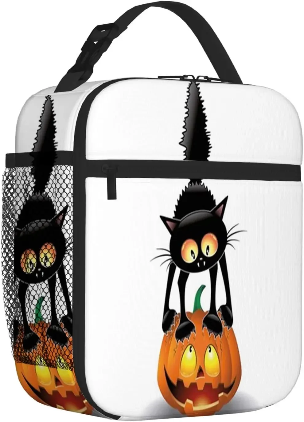 Halloween Cat on Pumpkin Drawing Print Thermal Lunch Bag for Women Men Small Insulated Lunch Box Reusable Portable Bento Totes