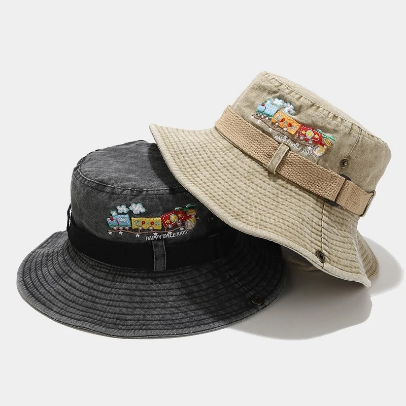 Kids Washed Denim Bucket Hat Cartoon Train Embroidery Outdoor Sun Protection Cap with Chin Strap