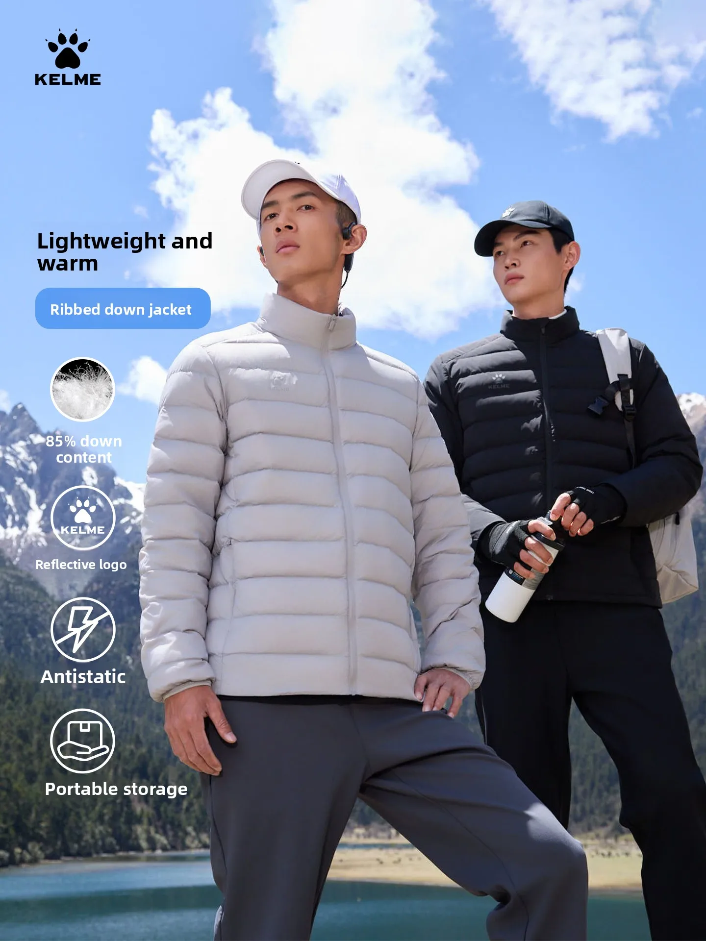 Kelme Men's Down Jacket Winter Outdoor Stand Collar Warm Cotton Coat White Duck Down Lightweight Windbreaker Windproof Jacket