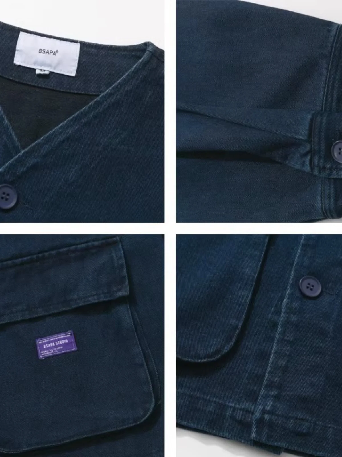 

Retro Japanese Sle Blue Dyeing Sand Waed Workwear Jaet Loose V-Ne Open Cardigan ex Denim Collarl Coat