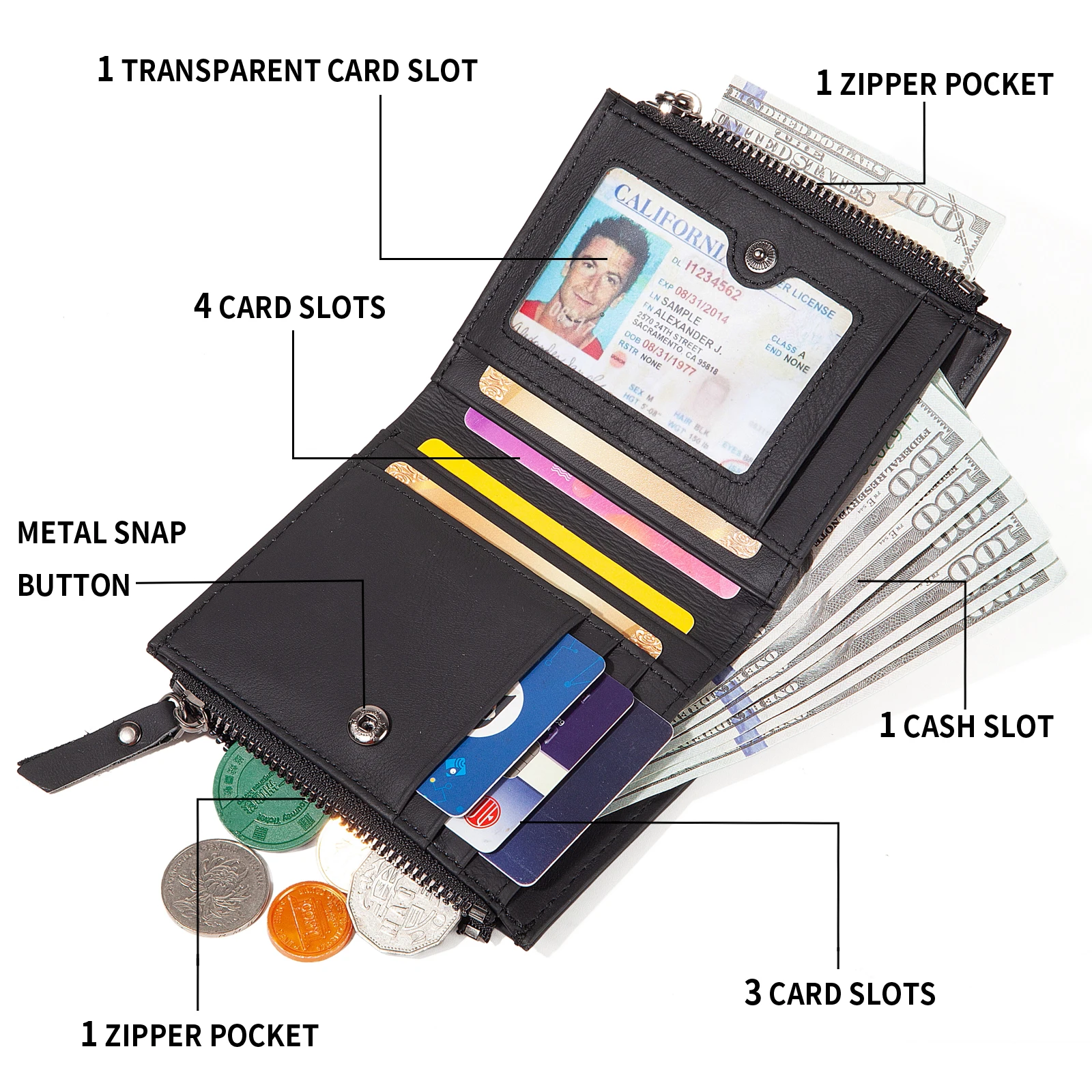 Men Leather Wallets Zipper Purse RFID Blocking Genuine Leather Wallet Card Holders