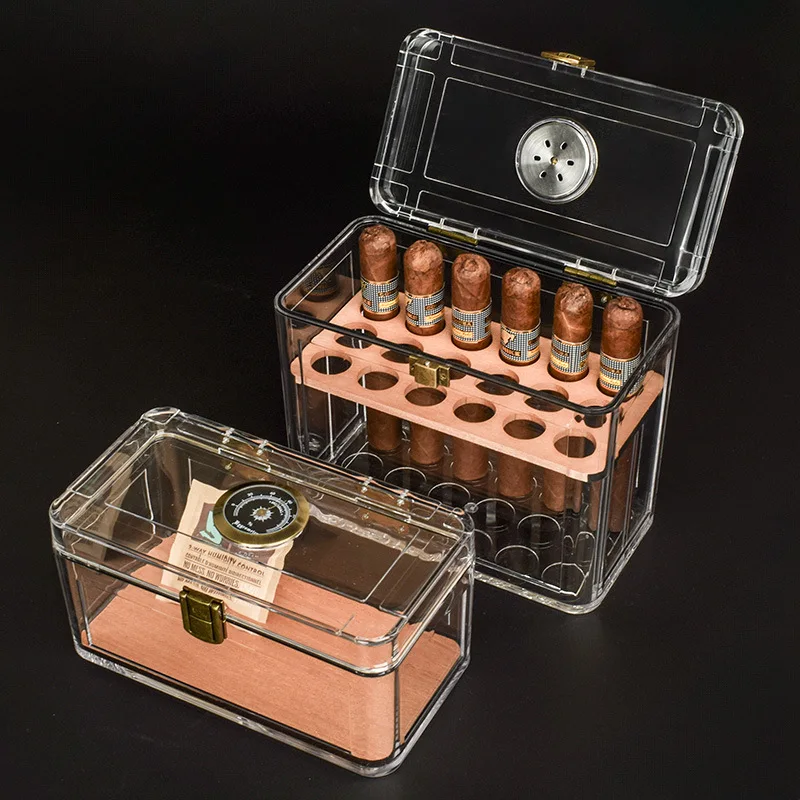 Transparent Cigar Humidor With Cedar Wood Solanol Alcohol Cigar Portable Travel Cigar Humidor With Hygrometer Humidification Bag