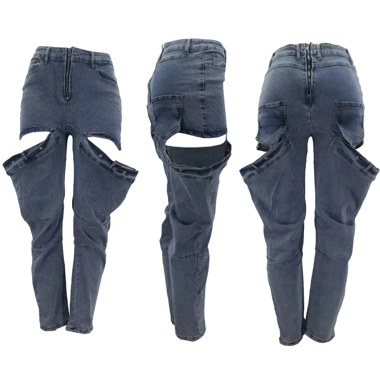 2024 New Fashion Vintage Denim Fashion Hollow Out Straight Pants Casual Women High Waist Button Pockets Trousers Streetwear