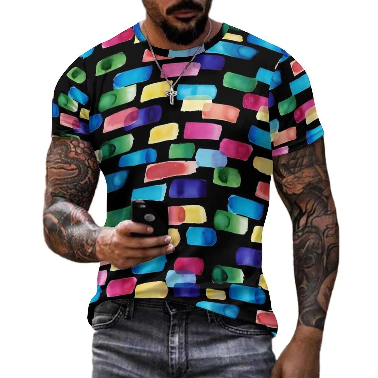 Watercolor Brush T Shirt For Men Colorful Print O Neck T Shirts Premium Trendy Clothes Short-Sleeved Classic Plus Size Tees Gift