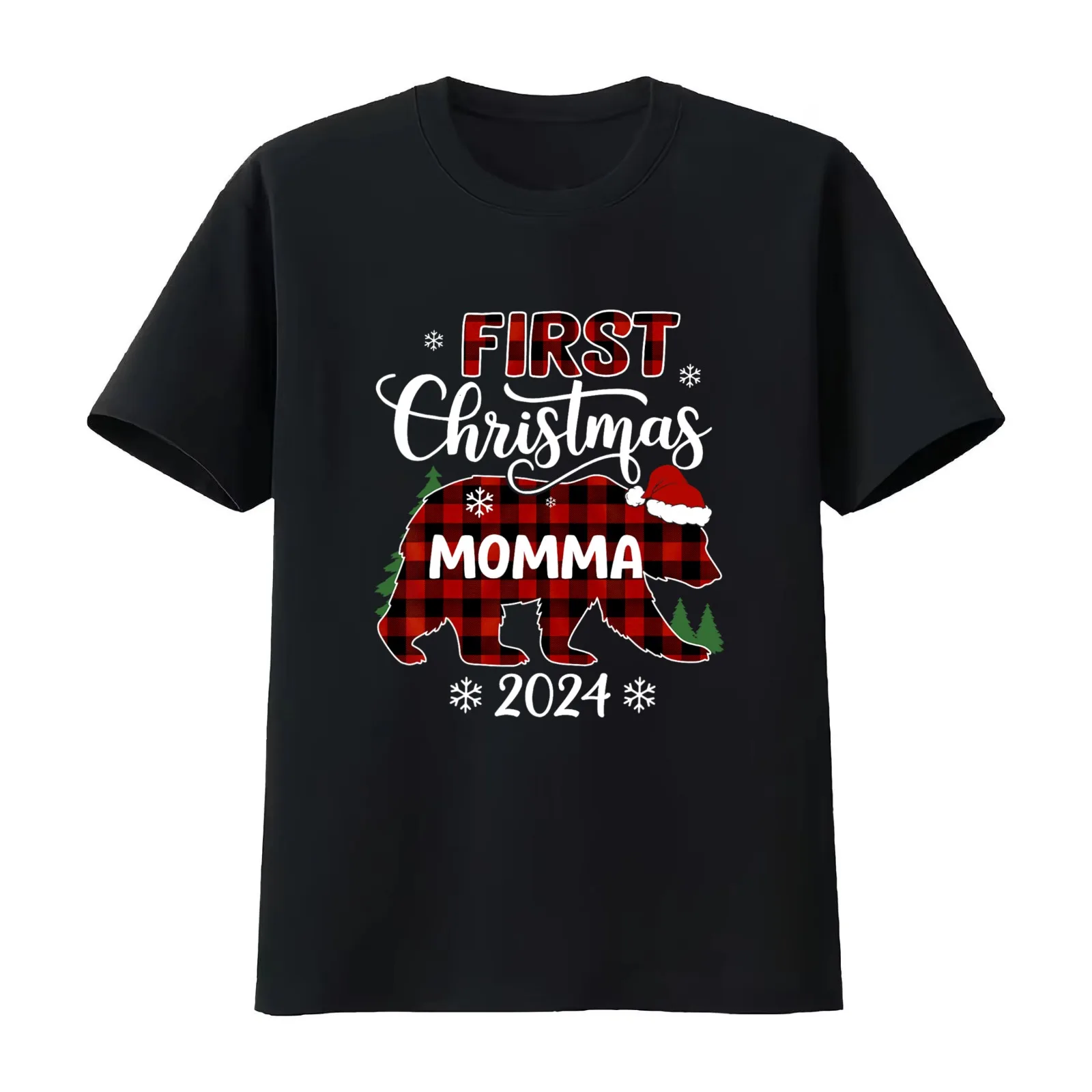 First Christmas Momma Buffalo Plaid Bear For Christmas Party Gift For Mom T-Shirt Summer Casual Cotton Tee Unisex Men Women