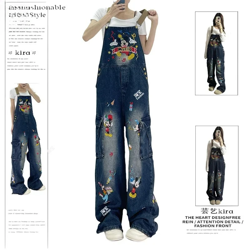 Macacão jeans bordado 3D do Mickey dos desenhos animados - Macacão feminino de perna larga de rua alta tecido macio e durável alças ajustáveis