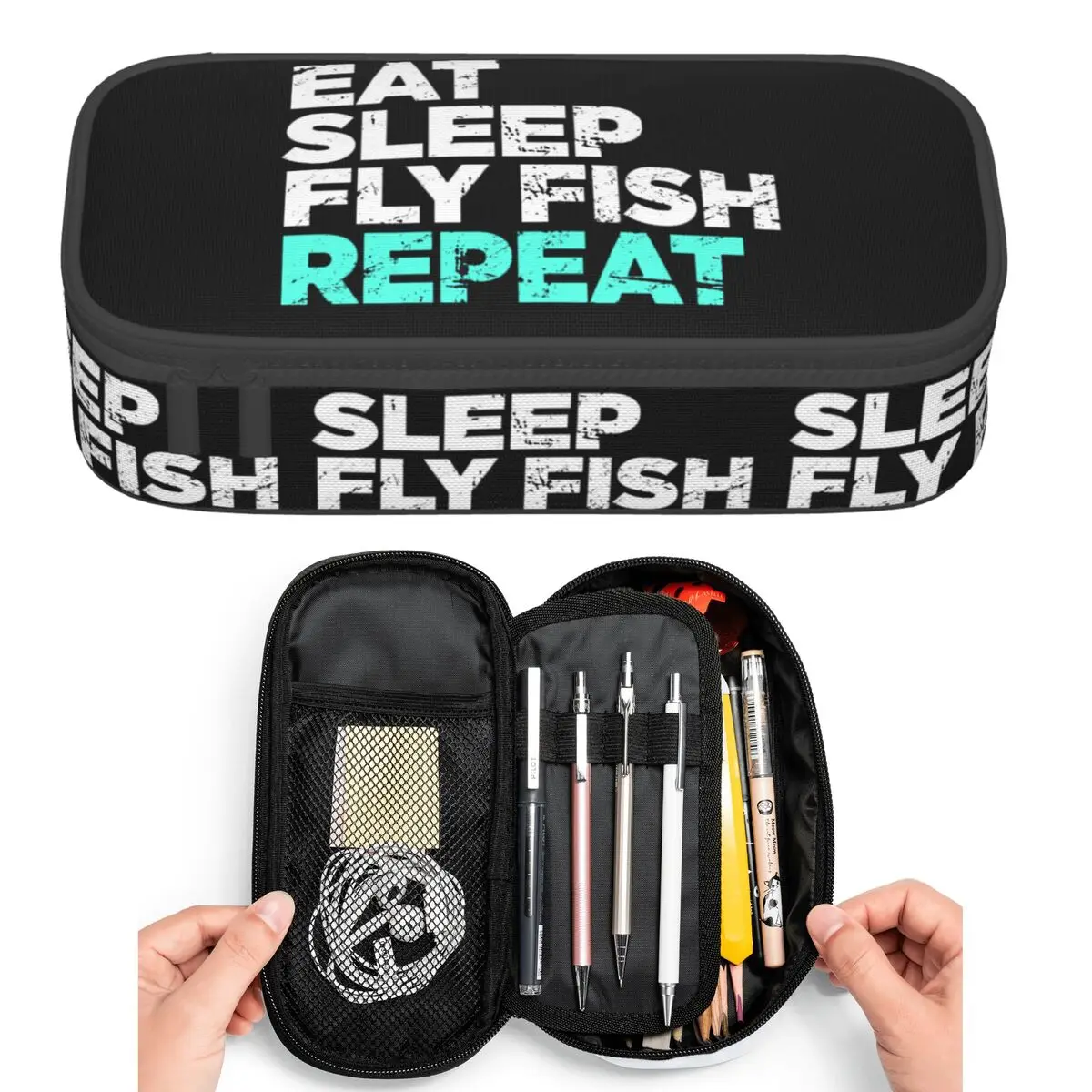 Federmäppchen mit Aufschrift „Eat Sleep Fly Fish Fly Fishing“ für Studenten, Stiftbox, Bleistiftbeutel, großes Fassungsvermögen, Stifthalter