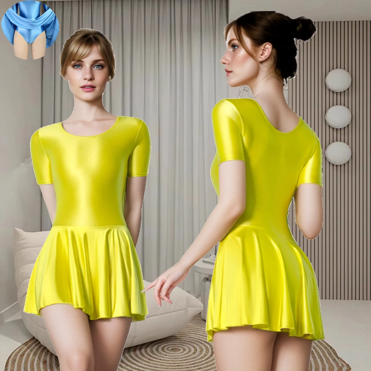 MJINM 여성용 실키 글로시 새틴 고탄성 원피스 드레스 부드러운 반소매 꽉 끼는 요가 운동 발레 플리츠 스커트