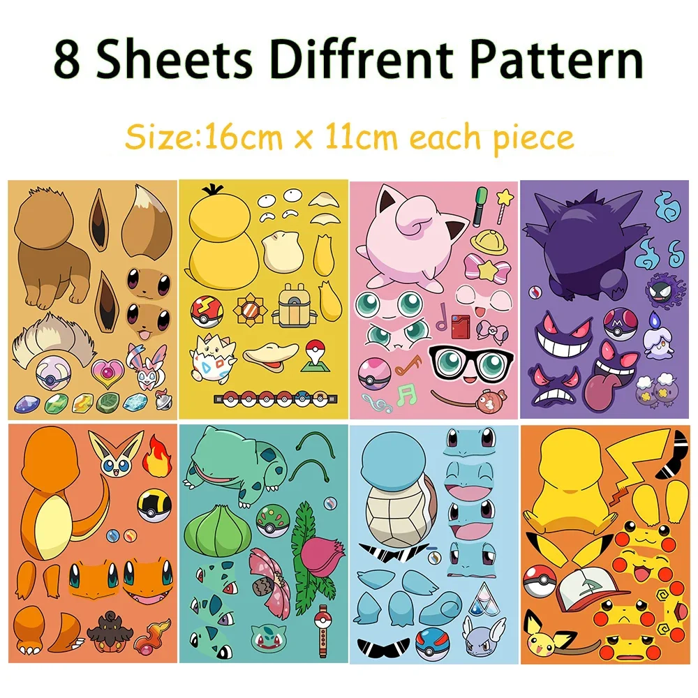 8/16 Sheets Pikachu Pokemon Children Puzzle Stickers Make-a-Face Funny Assemble Jigsaw DIY Cartoon Sticker Kid Educational Toys