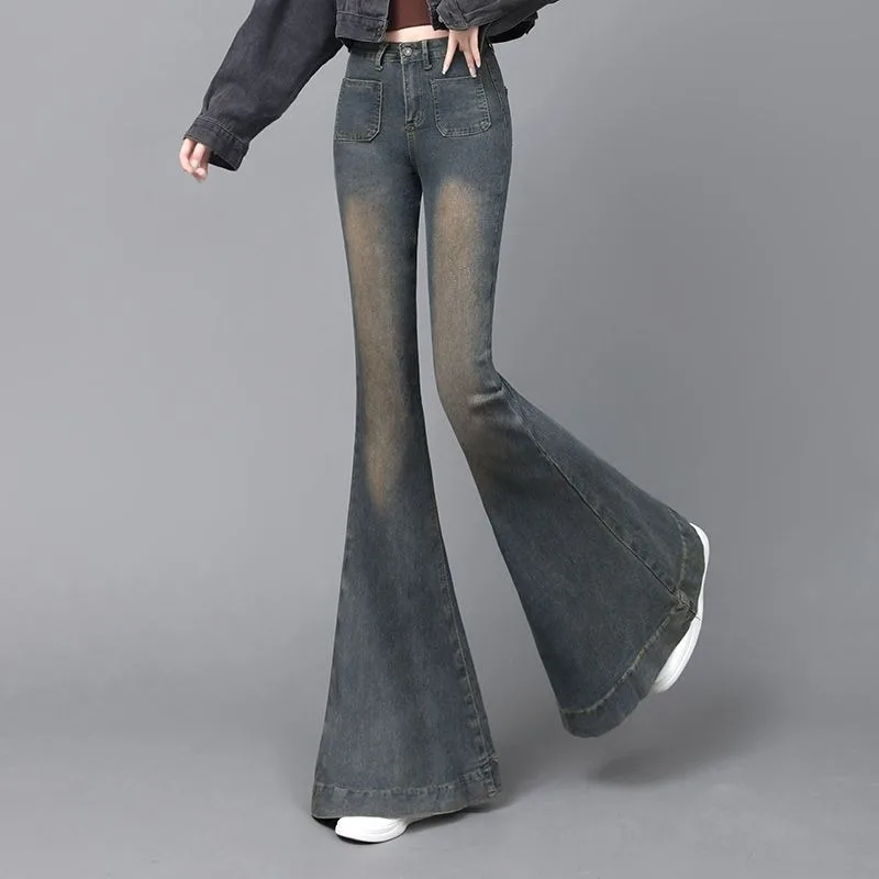 Retro Hottie Tall Hip-Wrapped High-Waisted jeans Female Slim And Thin Fashionable Big Horn Floor-Mopping Trousers