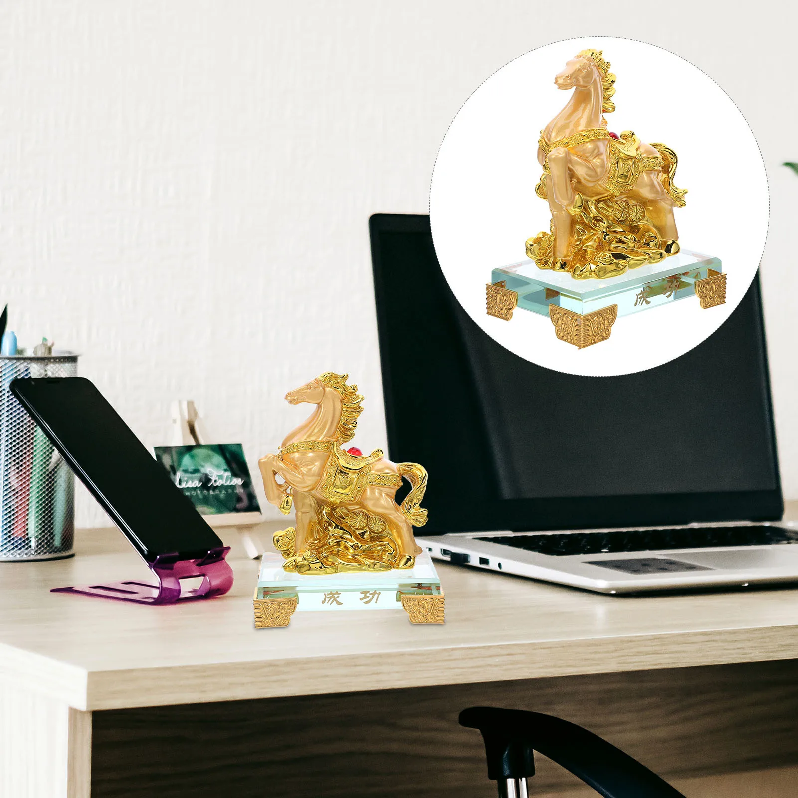 

Chinese Zodiac Horse Golden Resin Desktop Sculpture Traditional Home Office Decorative Statue Gold Horse Resin Ornament