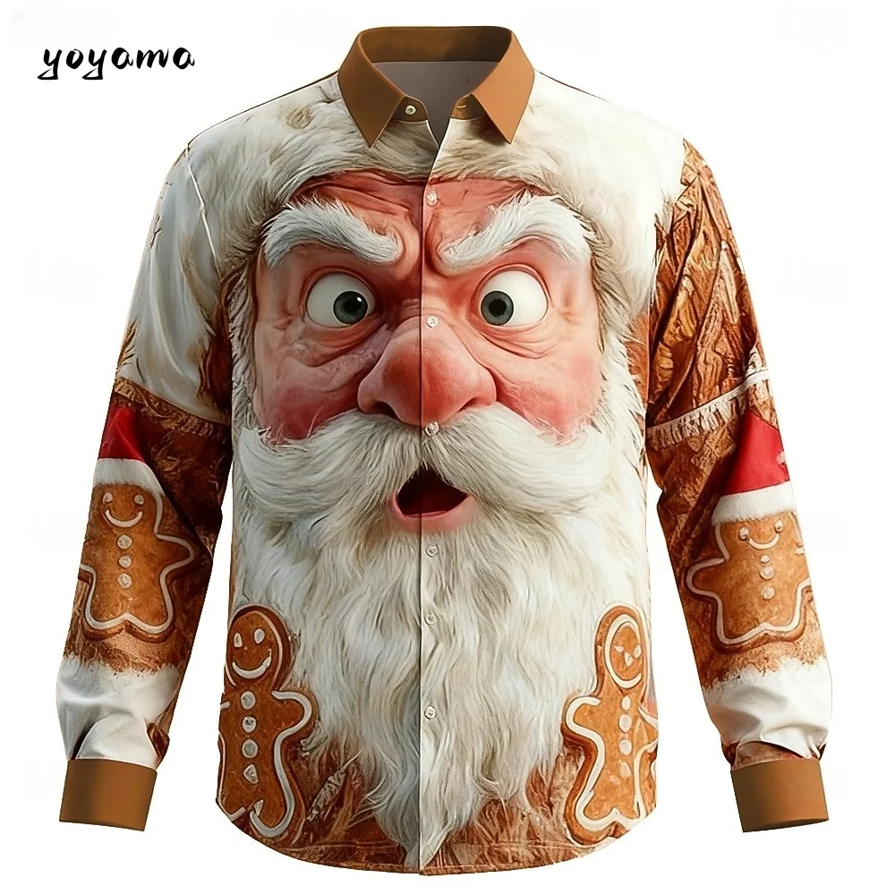패션 남성용 재미있는 산타 얼굴 셔츠 3D 프린트 버튼업 칼라 2026 크리스마스 긴팔 상의 봄 가을 휴일 남성 셔츠