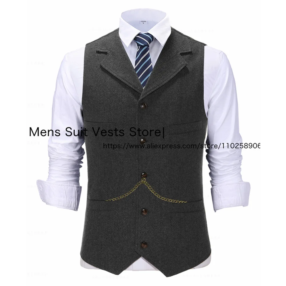 Lapel Neck Men\'s Herringbone Suit Vest Single Breasted Tweed Waistcoat Business For Groom Real Image