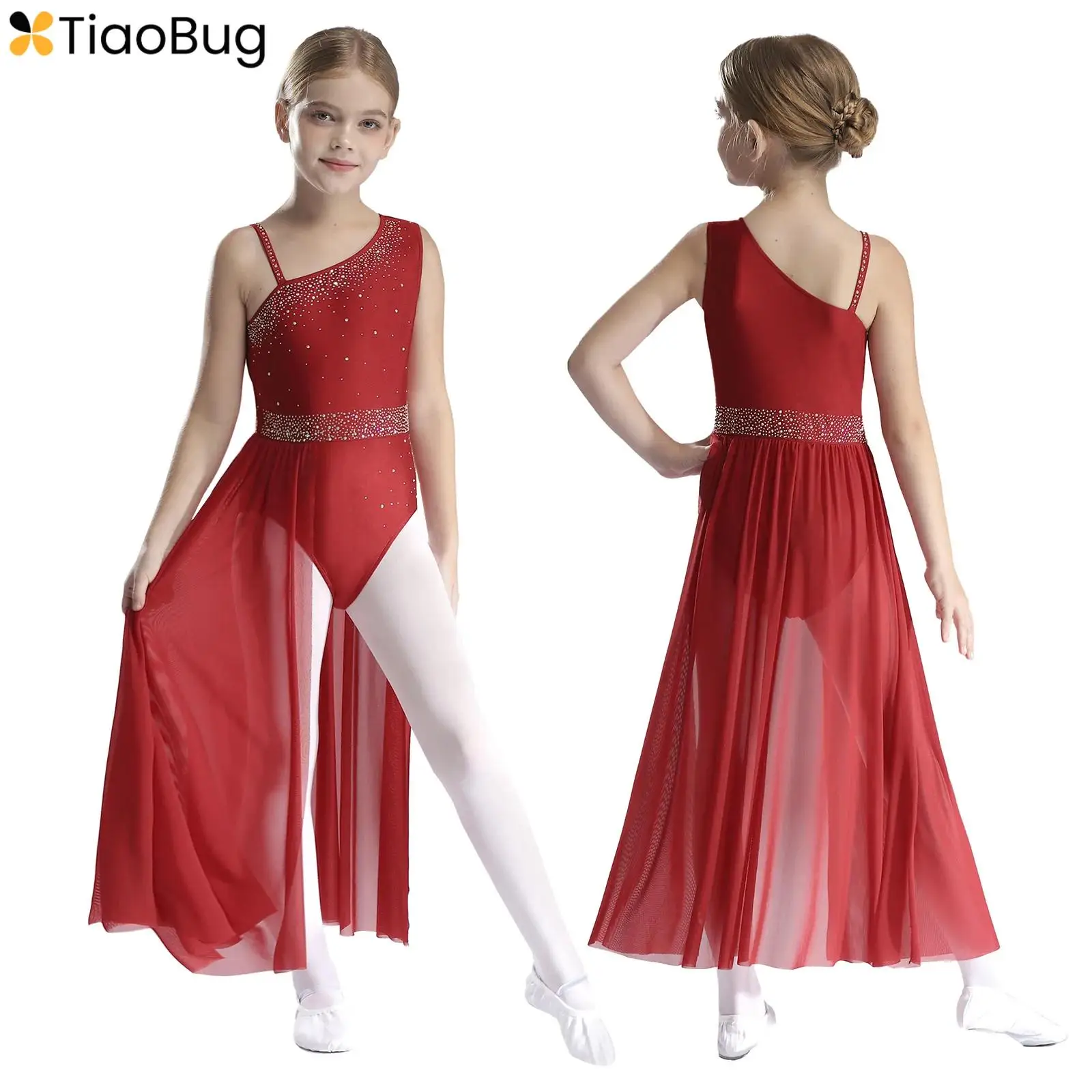 

Kids Girls Lyrical Dance Dress Sleeveless Rhinestones Mesh Splice Skirted Leotard Dress Contemporary Modern Ballroom Dancewear