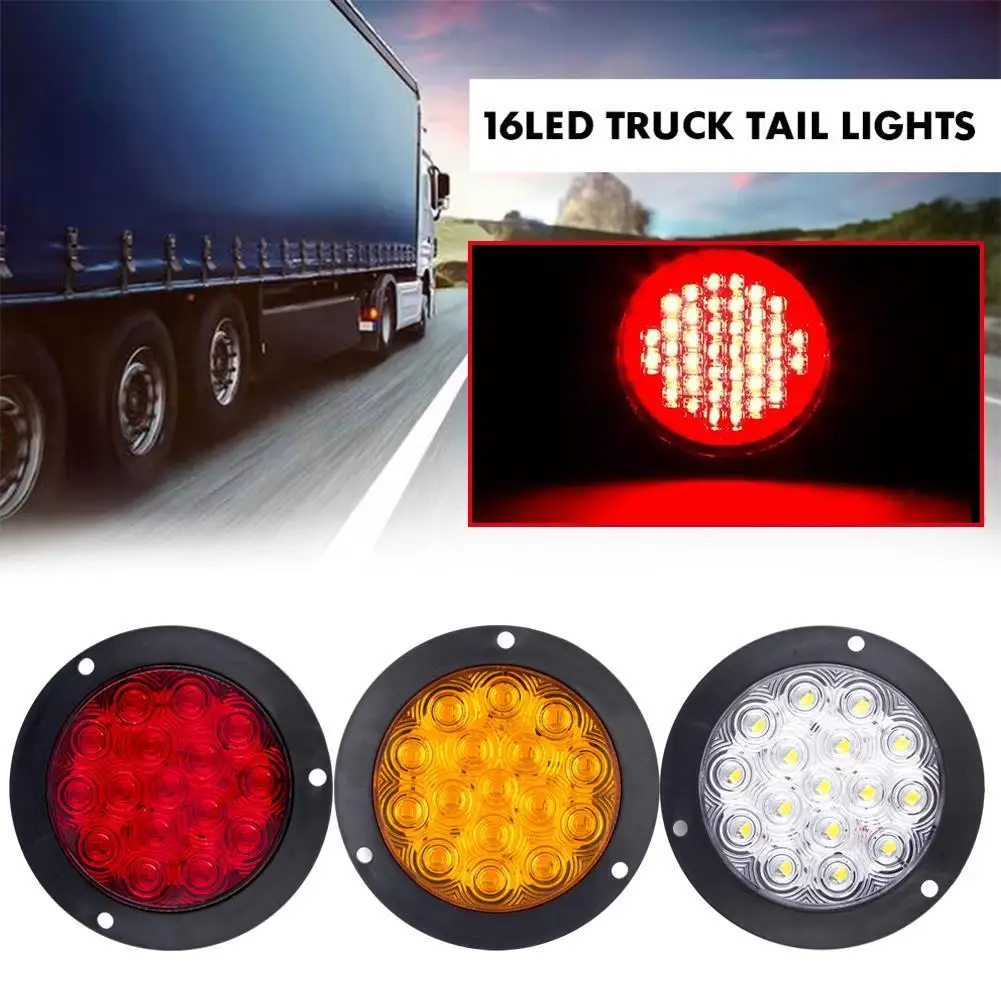 12V-24V 2pcs 4-inch 16 LED Round Taillights High Brightness Turn Signal Lamp Stop Warning Reverse Lamp For Truck Tractors U0S6