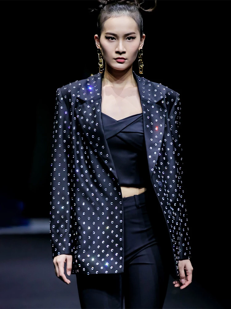 

MAGGIE MA Sle Faionable Bla Diamond Embellied Tailored Outerwear Women's Commute Straight Cut Suit