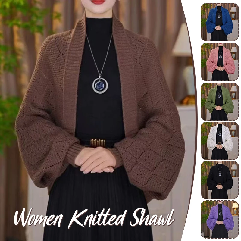 Women Long Sleeve Knitted Cardigan Shawl Autumn Winter Warm Shawl Wrap Casual Loose Hollow Out Cover Up Cardigan
