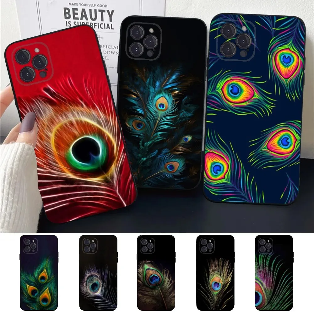 Bird Animal Peacock Feather Phone Case For Apple iPhone 15,14,13,12,11,XS,XR,X,8,7,Pro,Max,Plus,mini Silicone Black Cover