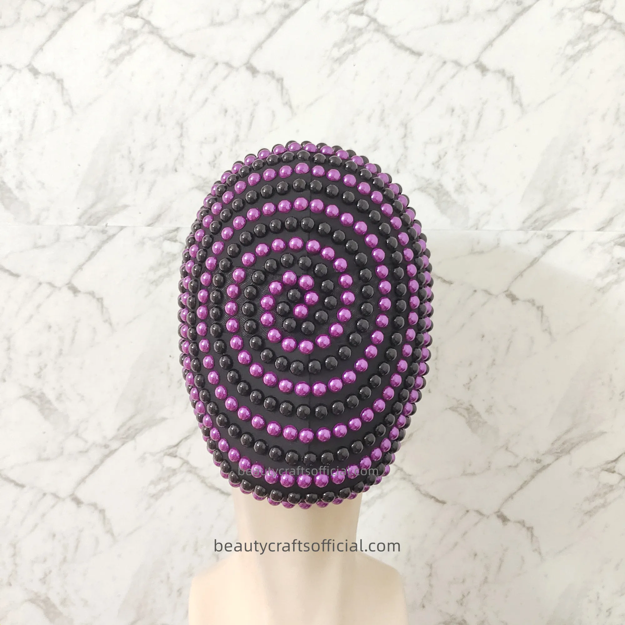 Custom Spiralling Haute Couture Face Mask, Handmade Full Head Margiela Mask Covered in Purple and Black Jewel Beads