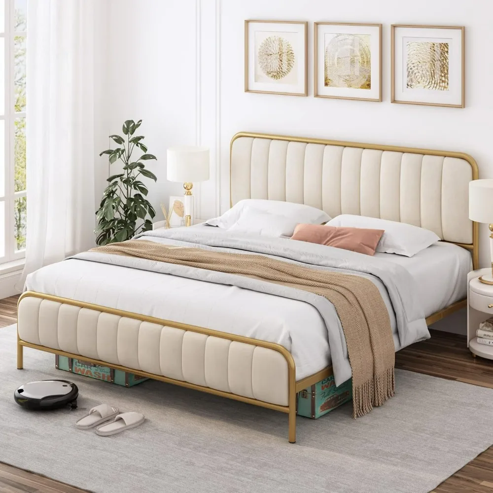 Queen Size Bed Frame with Button Tufted Headboard, Upholstered Heavy Duty Metal Mattress Foundation with Wooden Slats, Beds