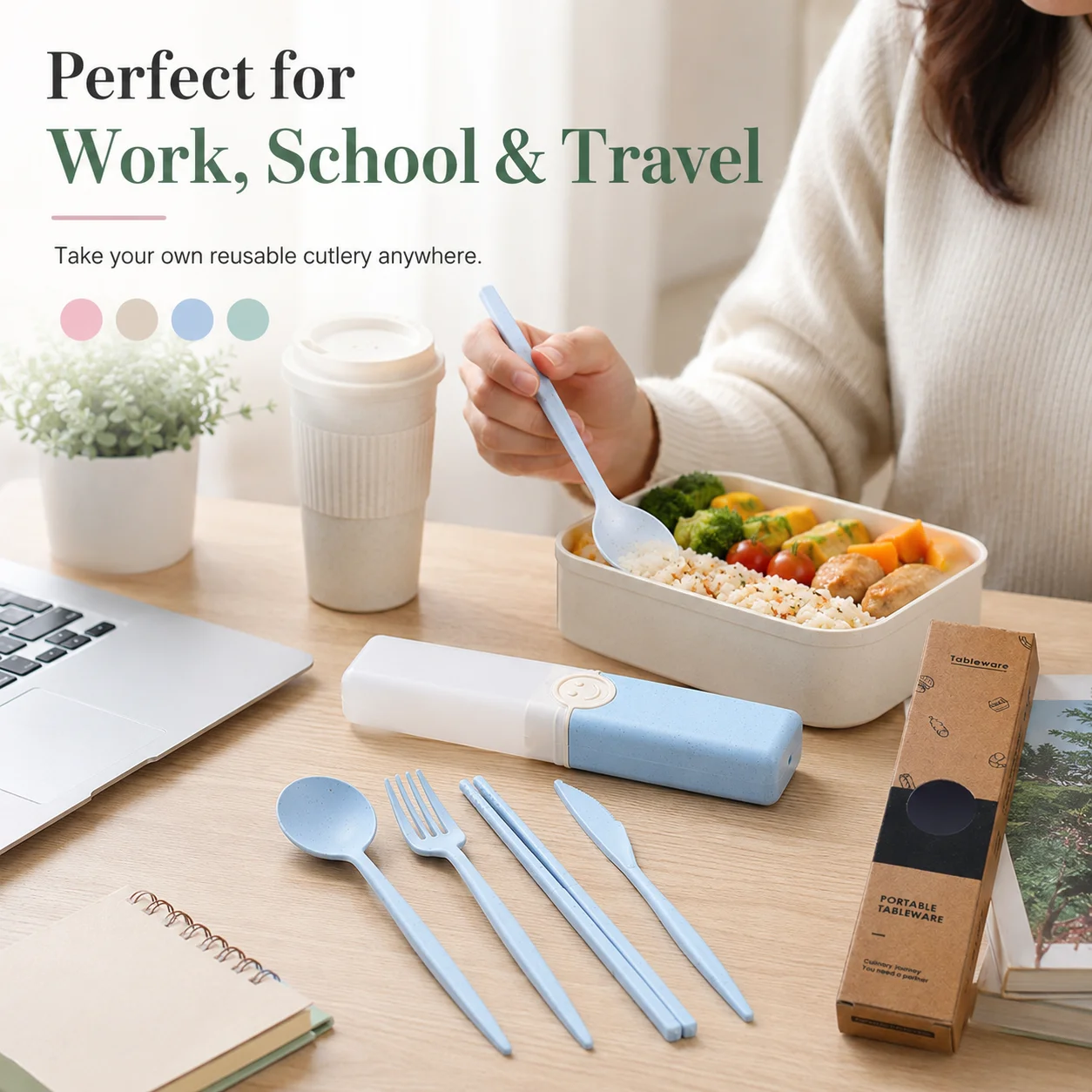 4Pcs Wheat Straw Cutlery Set Tableware with Knife Fork Spoon Chopsticks Portable Outdoor Travel Utensils