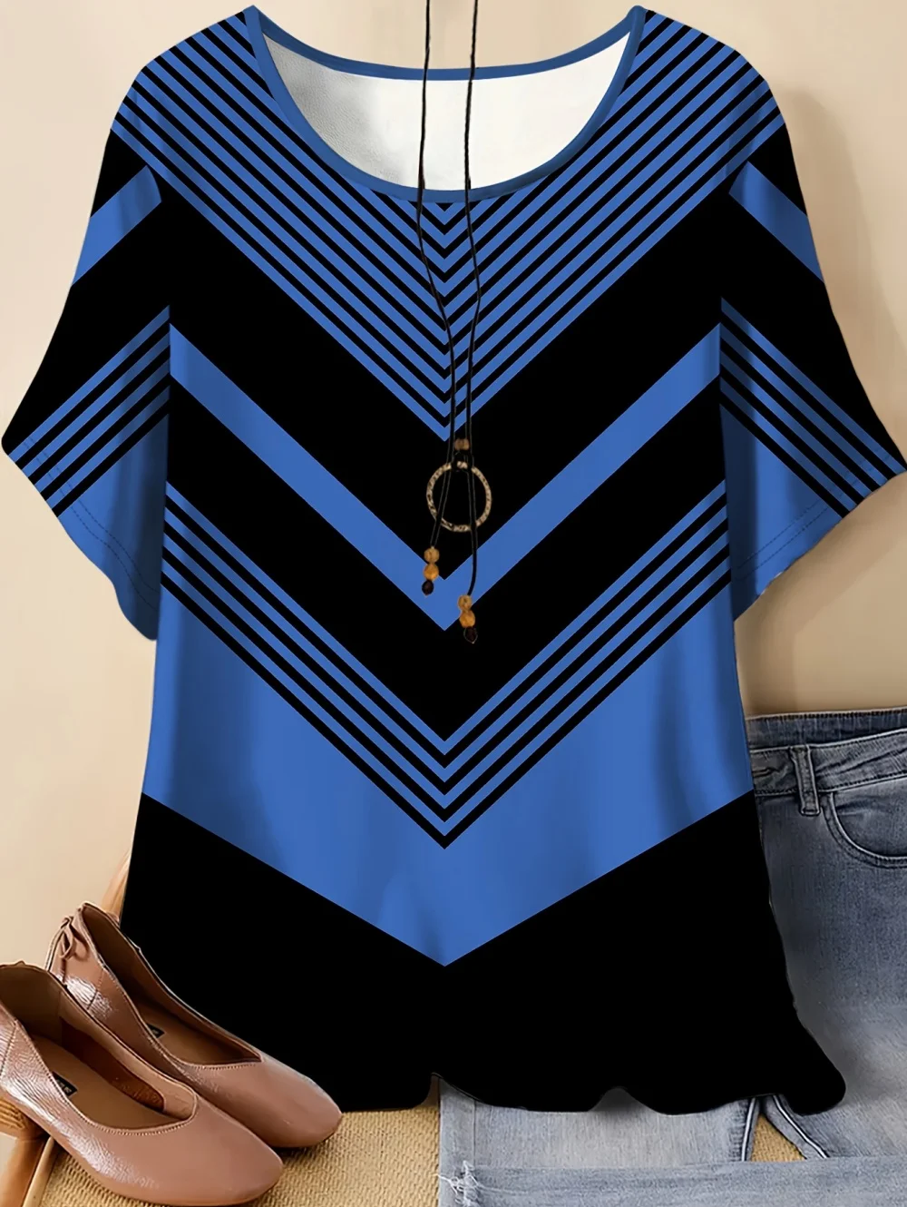 Neues Damen-T-Shirt Sommer O-Ausschnitt Übergroße Lässige Kurzarm-Shirts mit Streifenmuster Damen-Pullover-T-Shirts Damenbekleidung – Detail 4