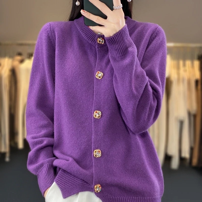 Spring and Autumn New Women\'s Clothing 100% Merino Wool Sweater Round Neck Singing Cardigan Casual Fashion Knitted Top Coat