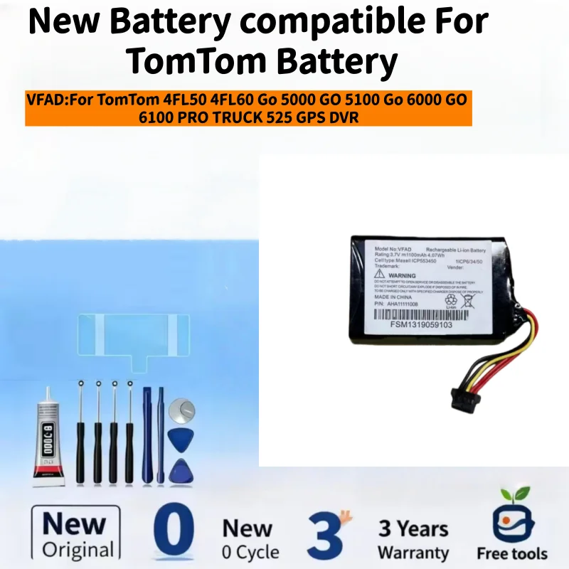 New Battery Compatible For TomTom 4FL50 4FL60 Go 5000 GO 5100 Go 6000 GO 6100 PRO TRUCK 525 GPS DVR AHA11111008 VFAD +Free Tools