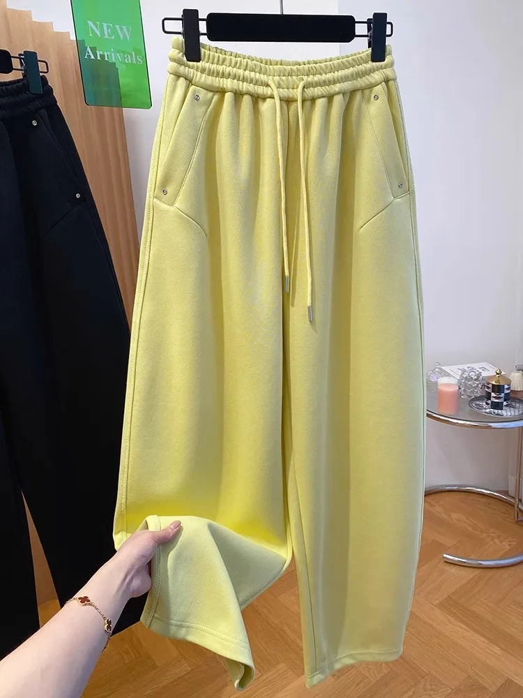 プラスサイズ 300 ポウ 韓国風 スレ イエロー カーブドナイフパンツ レディース 春秋 ルーズ カジュアル バナナ ロングパンツ
