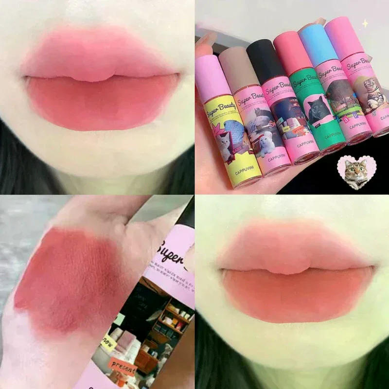 Cappuvini Cute Cat Lip Mud Matte Cream Texture Lip Cream Velvet Liquid Lipstick Long Lasting Waterproof Red Lip Tint Makeup