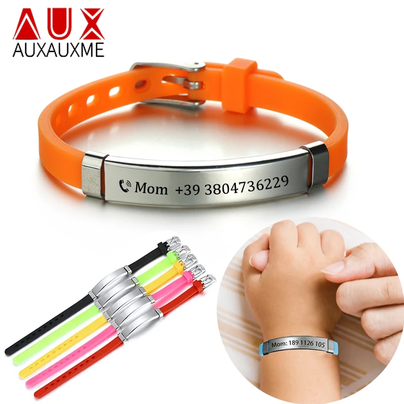 Auxauxme Custom Kids Baby Name ID Phone Number Anti Lost Bracelets Colorful Silicone Rudder Stainless Steel Bangle Jewelry Gifts