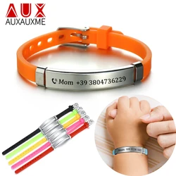 Auxauxme Custom Kids Baby Name ID Phone Number Anti Lost Bracelets Colorful Silicone Rudder Stainless Steel Bangle Jewelry Gifts