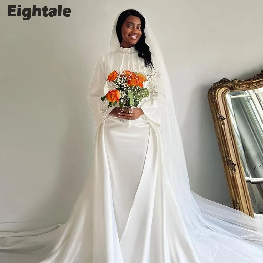 

Eightale Arabic Wedding Dress High Neck Customized Beaded White Ivory Mermaid Long Sleeves Bridal Gown Vestido De Noiva