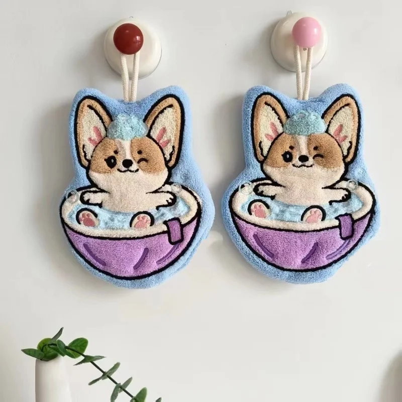 Cartoon Corgi Bath Wipe Coral Velvet Hangable Water Absorption Quick Drying Cute Children's Face Wash Towel Household Towel