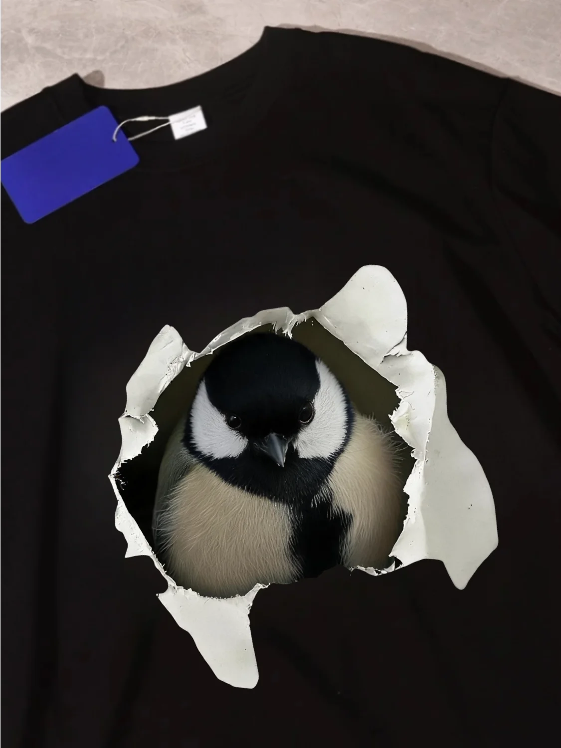 Loose Fit Pure Cotton Short Sleeve T-Shirt round Neck Printed Birdwatching Fun Design Hole Punch Couple's Guide Top