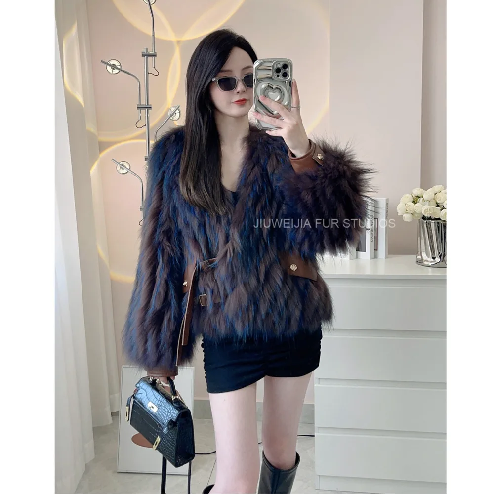 

2024 Winter New Fur Strip Sewed Toghter Short style Thin Raccoon Fur Fox Fur Coat Young Women's Coat