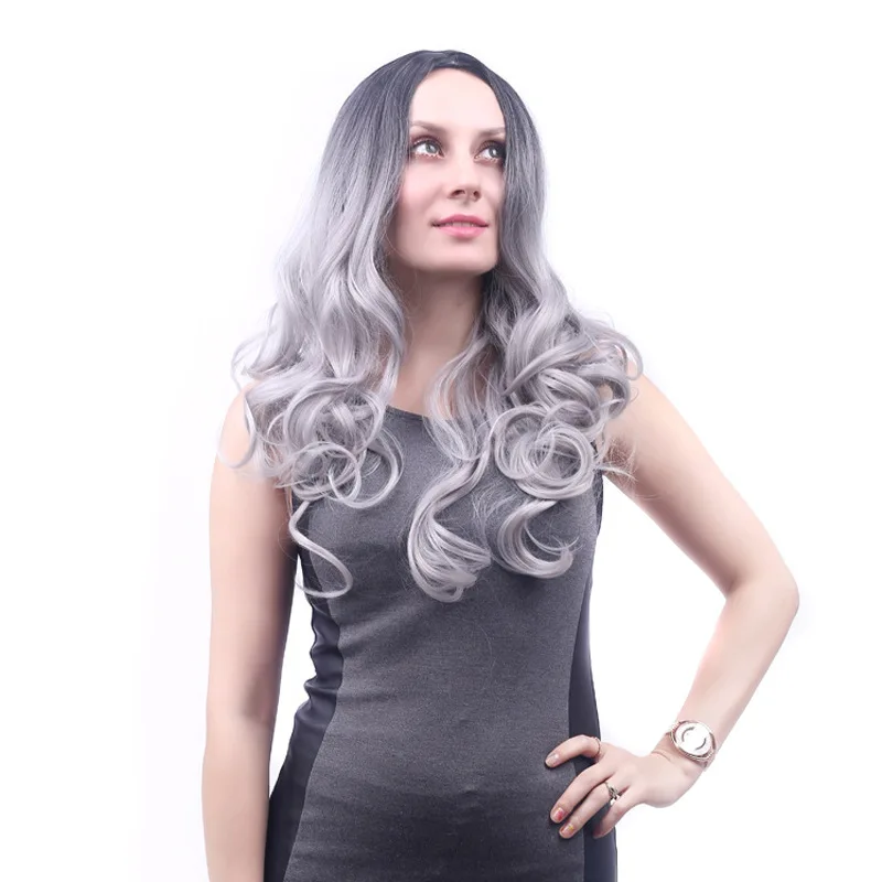 Synthetic Middle Part Long Wavy Wig Natural Gradient Black Gray Big Wave Hairpiece Cosplay Daily Party Heat Resistant